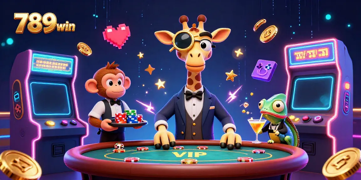 Experience thrilling gaming with 789win, as a high-roller giraffe enjoys the VIP poker table in a dynamic casino scene.
