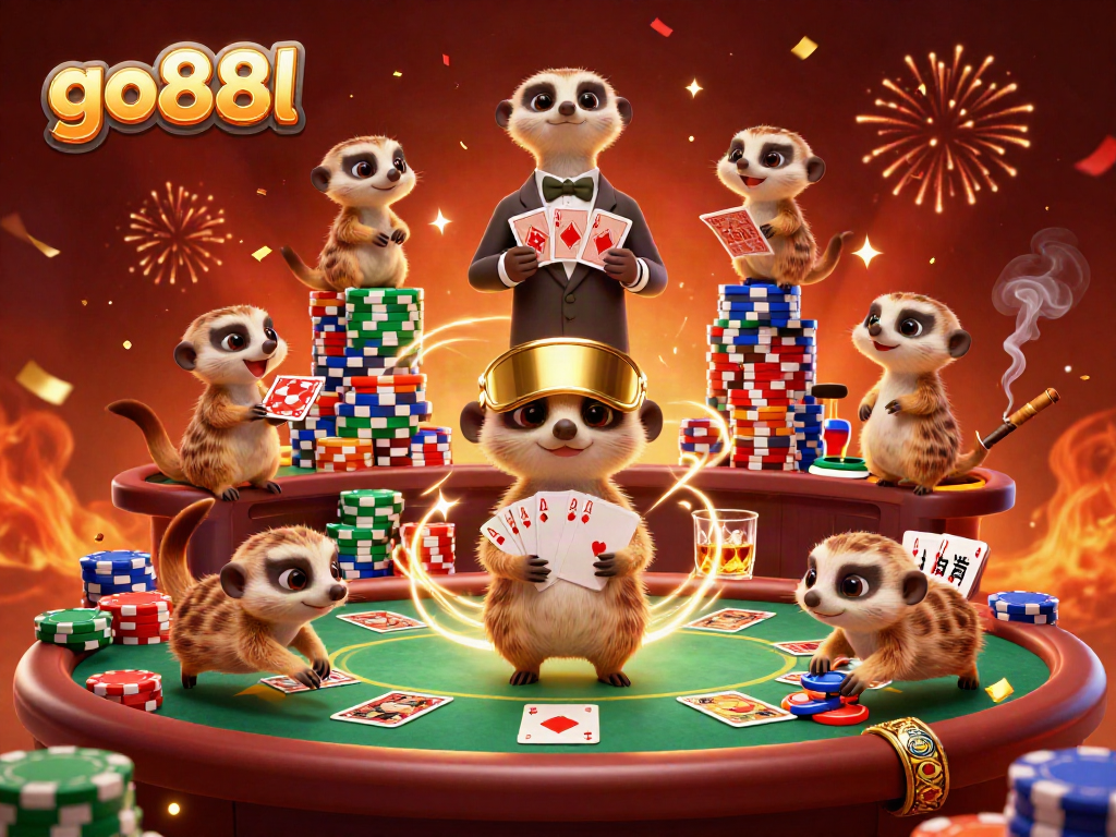 Experience the thrill of go88l with meerkats running a vibrant casino, chips flying everywhere!