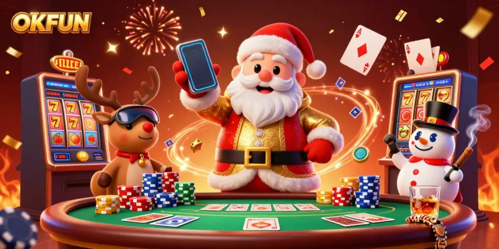 Engage with OKFUN as Santa and friends celebrate big wins at a vibrant, festive casino scene.