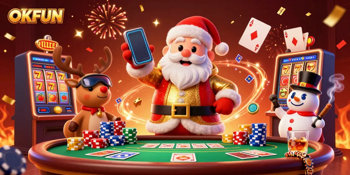 Engage with OKFUN as Santa and friends celebrate big wins at a vibrant, festive casino scene.