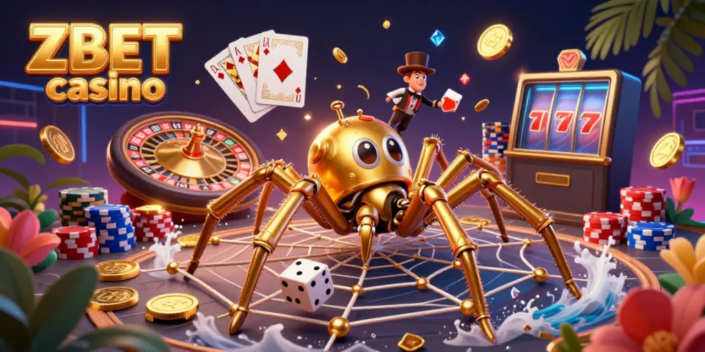 Experience the excitement of ZBET casino with a dynamic 3D illustration featuring a steampunk spider and immersive casino elements.