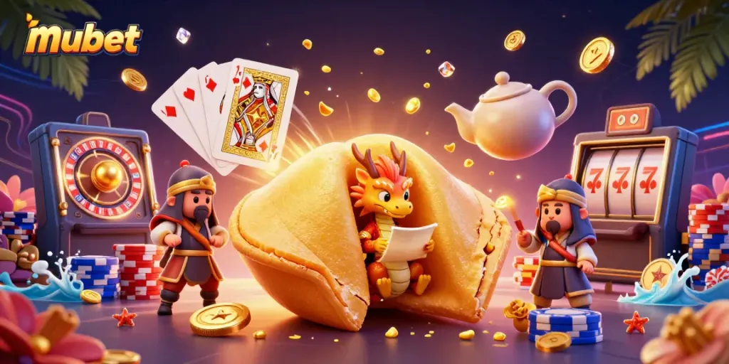 Experience exciting gameplay at mubet with a golden fortune cookie, treasures, and vibrant casino elements