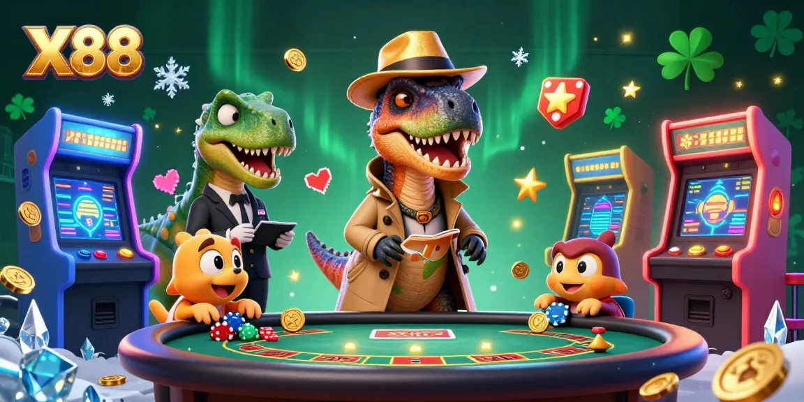 X88 casino featuring a velociraptor card counter and stegosaurus pit boss at a blackjack table.