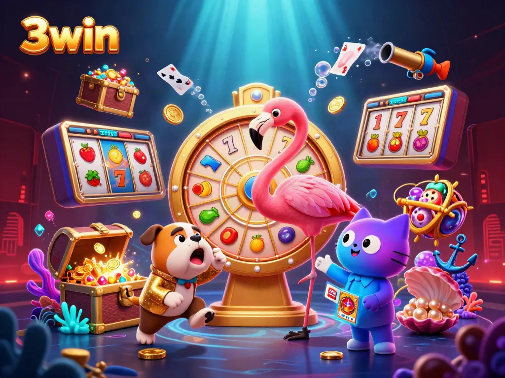 Experience the excitement of 3win with this vibrant 3D scene featuring a game show host and mascot.