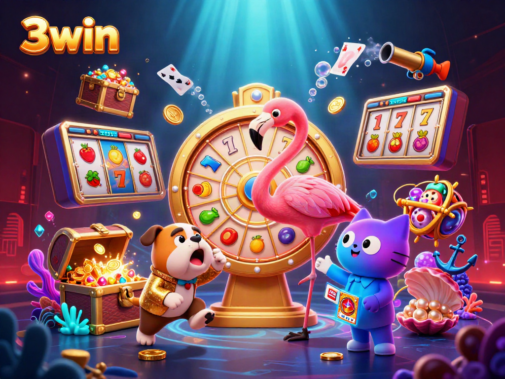 Experience the excitement of 3win with this vibrant 3D scene featuring a game show host and mascot.