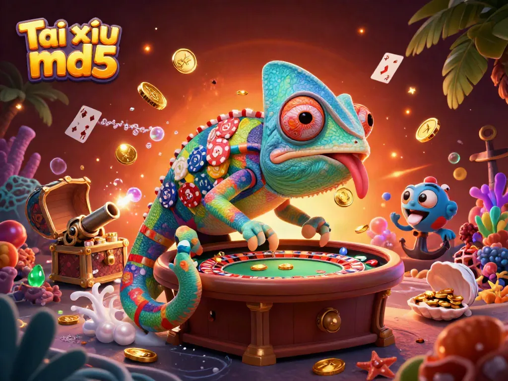 Engage with Tài xỉu md5 as the chameleon casino owner gleefully catches golden coins in a vibrant, dazzling atmosphere.