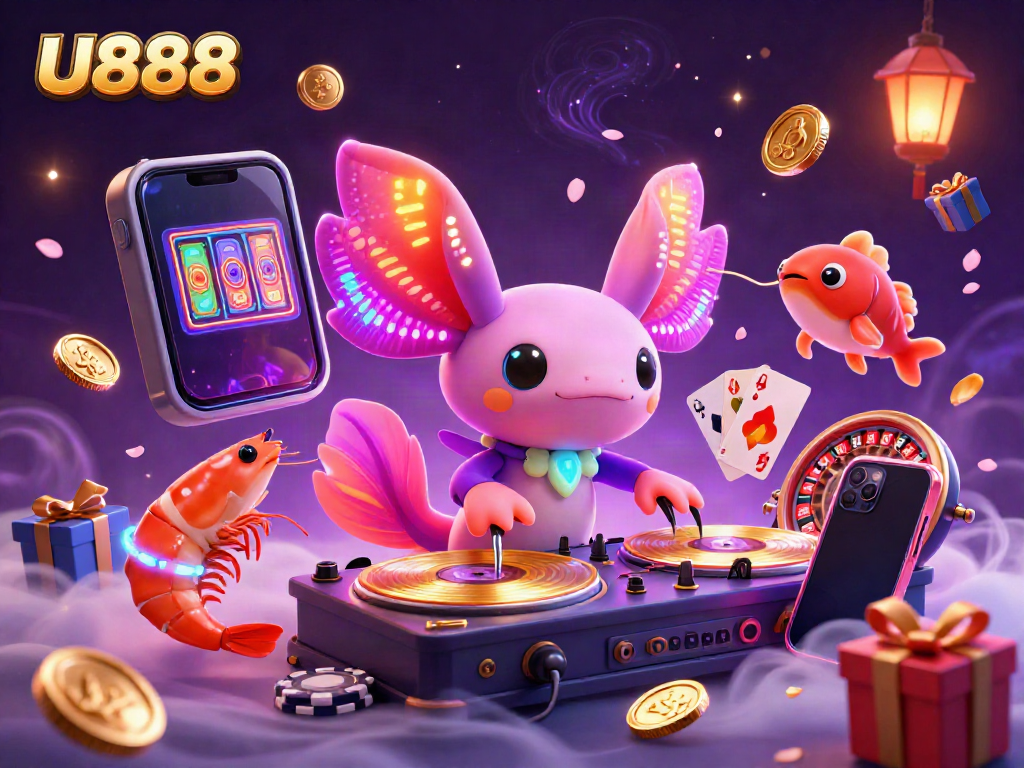 Engage in thrilling U888 gaming with a vibrant underwater DJ scene featuring neon characters and casino elements.