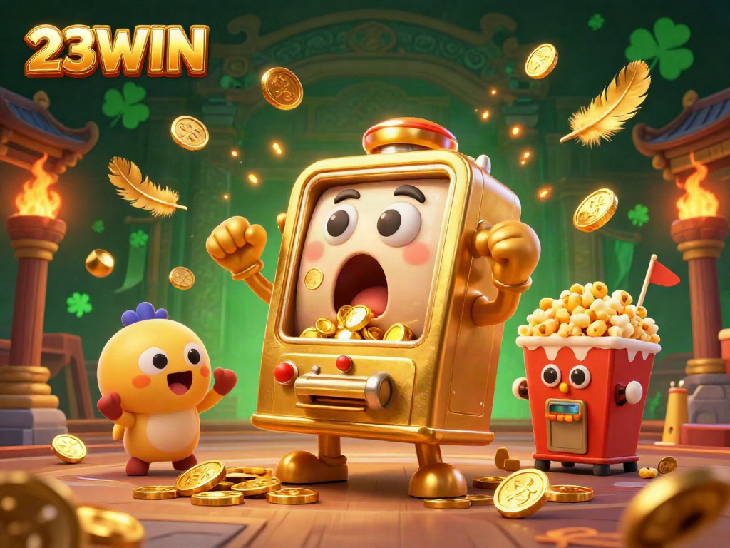Experience the thrill of winning at 23WIN with a lively slot machine scene filled with excitement and gold.