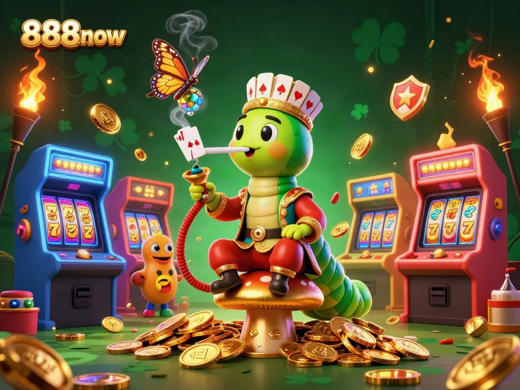Engage in the vibrant world of 888now with a rich 3D illustration of a hookah-master and arcade games.