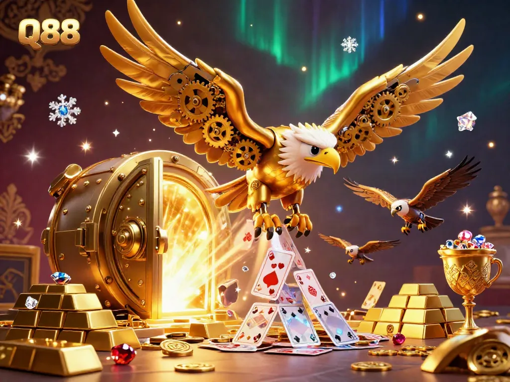 Experience thrilling wins at Q88 with dynamic gameplay featuring a golden eagle and treasure surrounded by holographic cards.