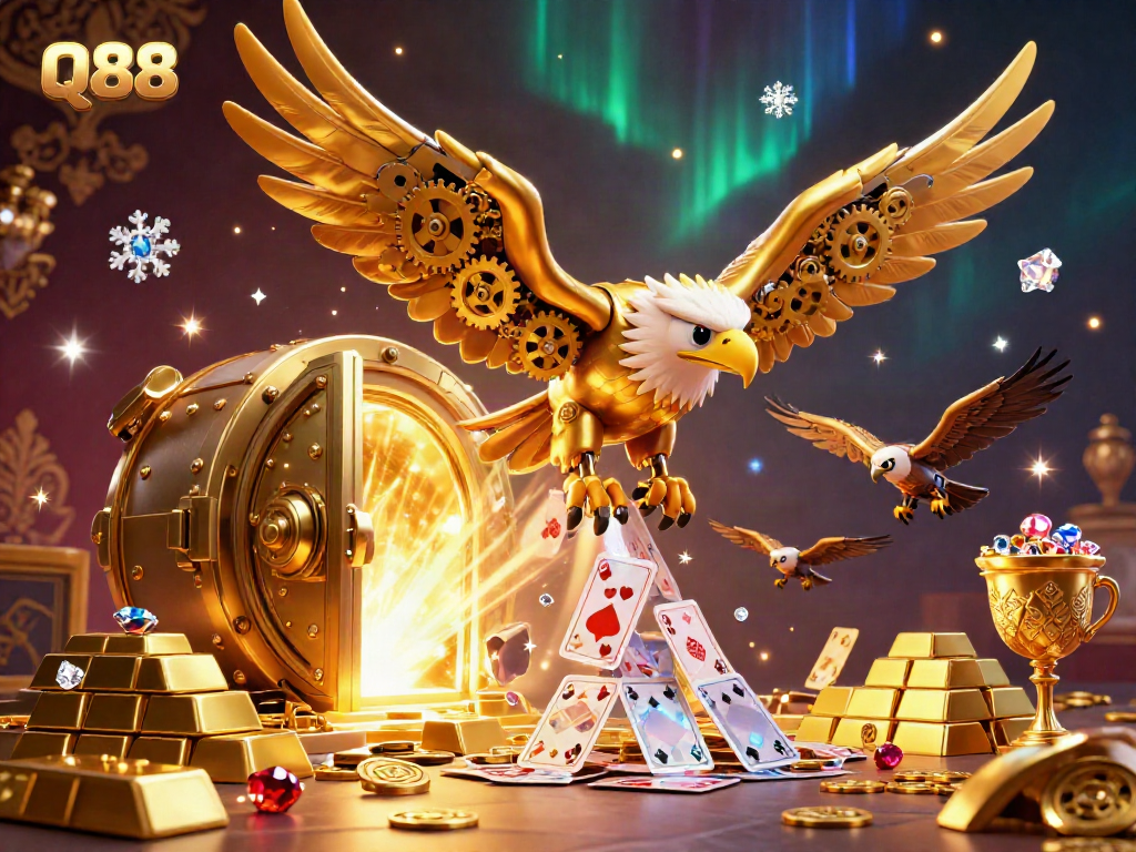 Experience thrilling wins at Q88 with dynamic gameplay featuring a golden eagle and treasure surrounded by holographic cards.