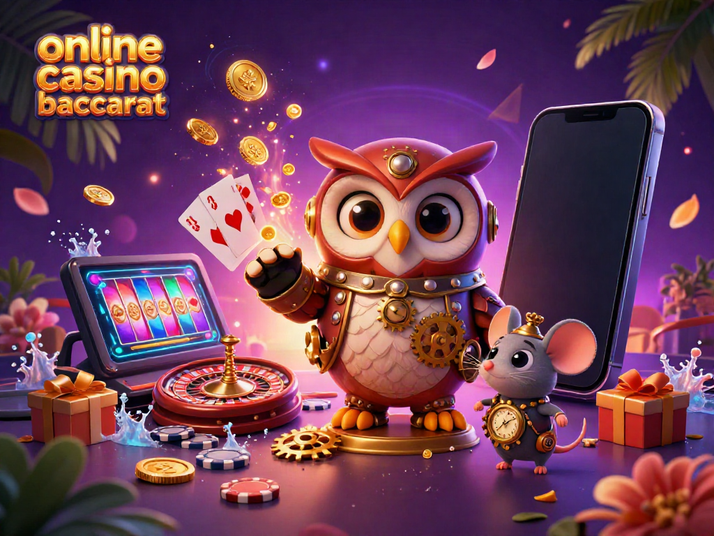 Engage in online casino baccarat with dynamic 3D characters, featuring a time-traveling owl and casino elements.