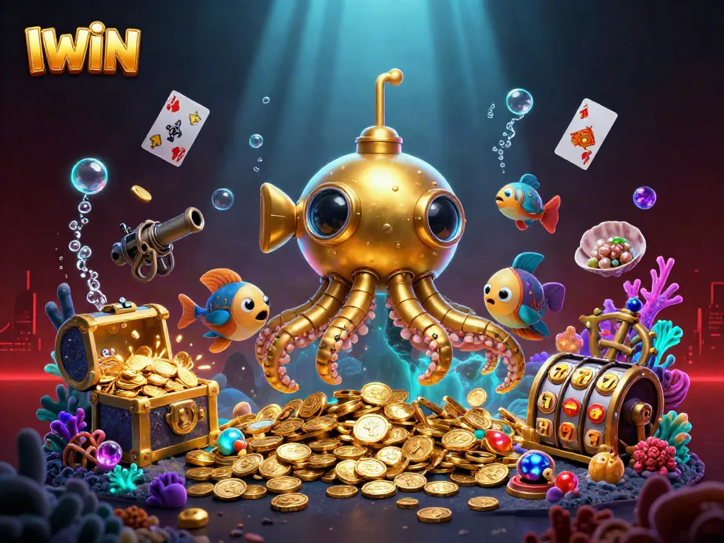 IWIN players enjoy slot games in a vivid underwater world with a kraken submarine and treasures.