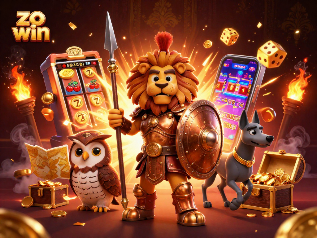 Experience thrilling jackpots with "zo win" featuring a valiant lion and strategic companions in an immersive casino scene.