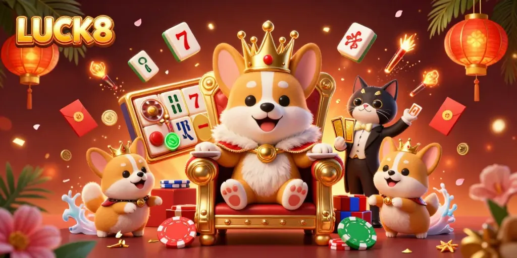 Experience thrilling gameplay with LUCK8 in a vibrant 3D casino scene showcasing royal corgis and dynamic elements.