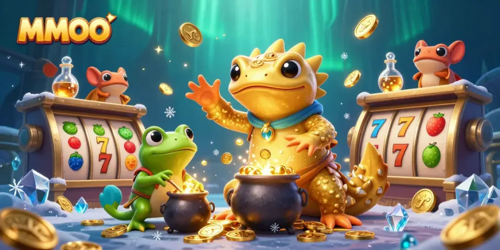 Experience MMOO's thrilling gameplay with a golden salamander alchemist transmuting wealth in a magical casino backdrop.