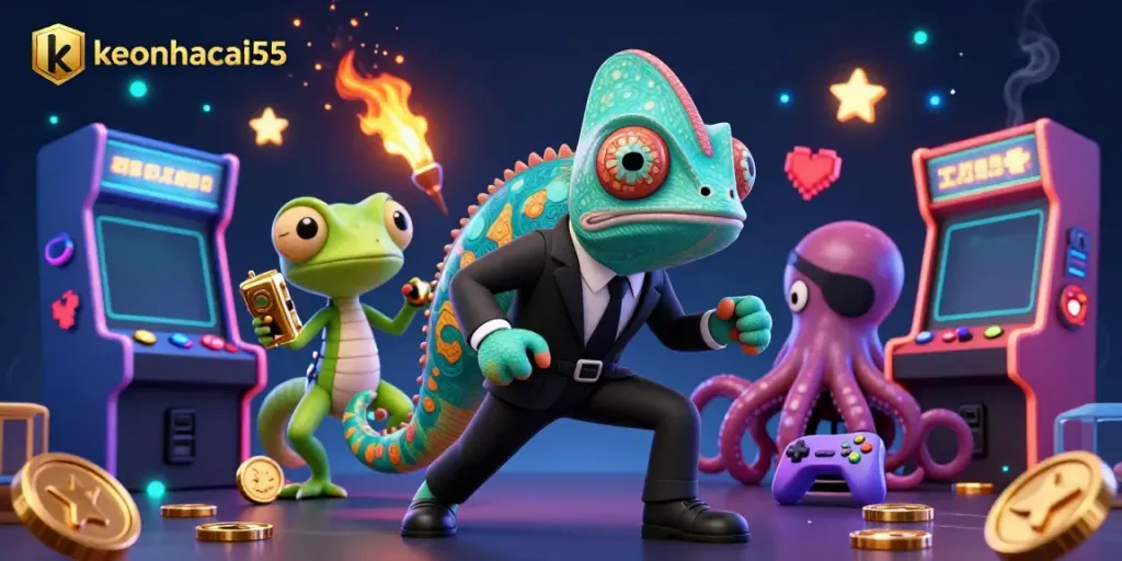 Engage in thrilling sports betting with keonhacai55 in a vibrant 3D illustration featuring colorful slot machines and dynamic characters.