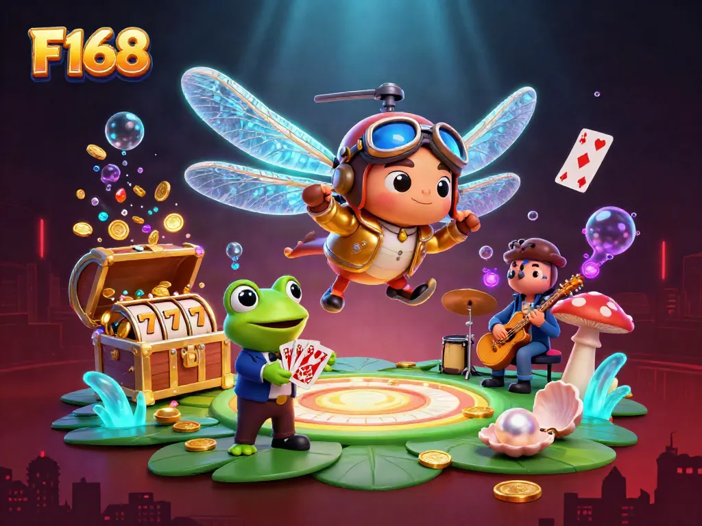Spin and win at F168 with a vibrant dragonfly pilot above a lily pad casino and frog dealer.