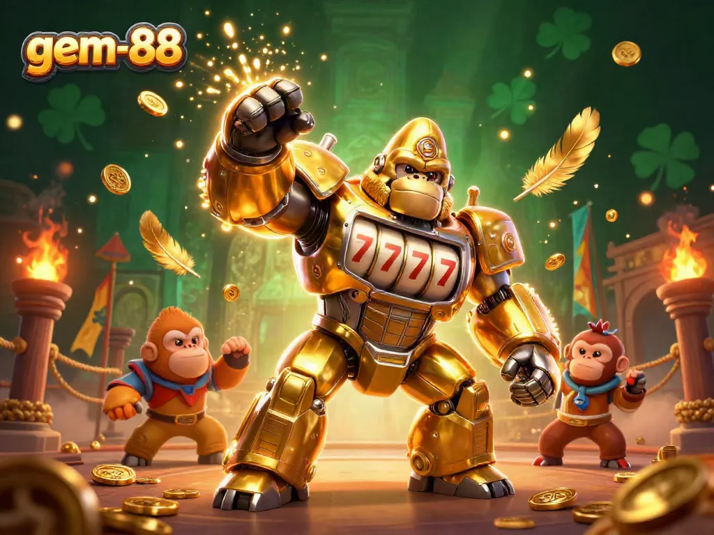 Experience the excitement of gem-88 with an action-packed casino scene featuring a golden gorilla mech!