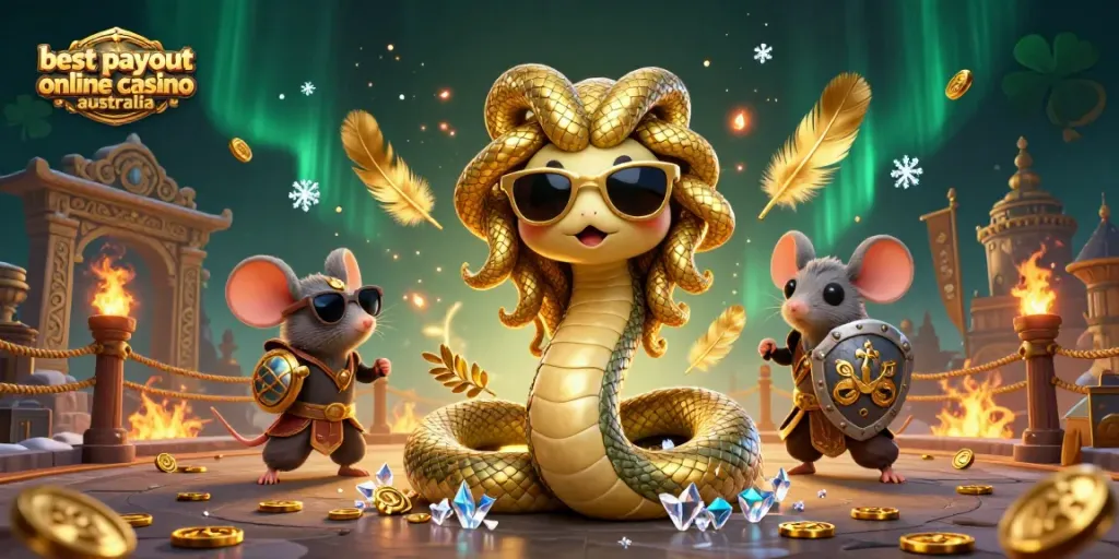 Experience fun at the best payout online casino Australia with a vibrant scene including Medusa and a warrior mouse.