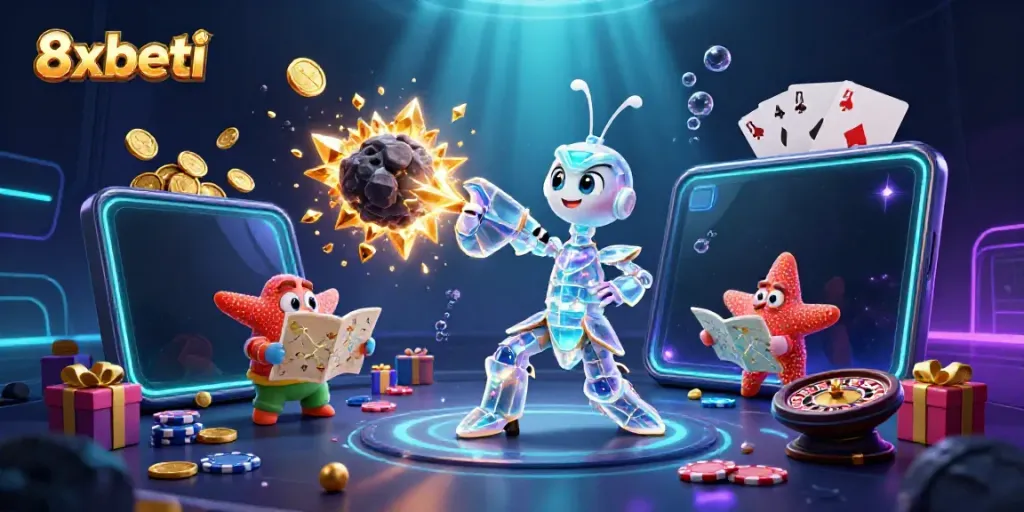 Experience the thrill of 8xbeti with a galactic samurai mantis shrimp amidst exploding gems and coins.
