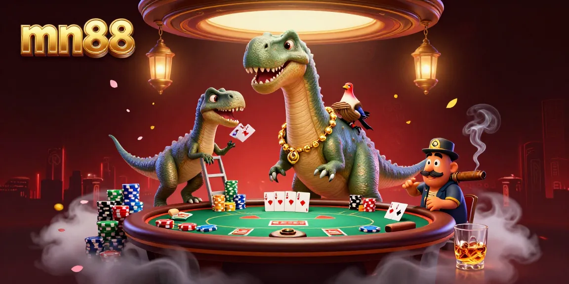 Experience poker excitement under mn88's towering brontosaurus in a vibrant casino scene.