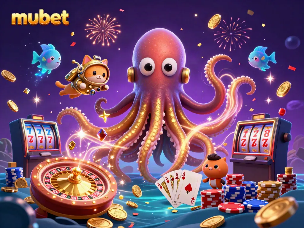 Experience the excitement of mubet with a kraken and diver in a vibrant 3D casino scene.