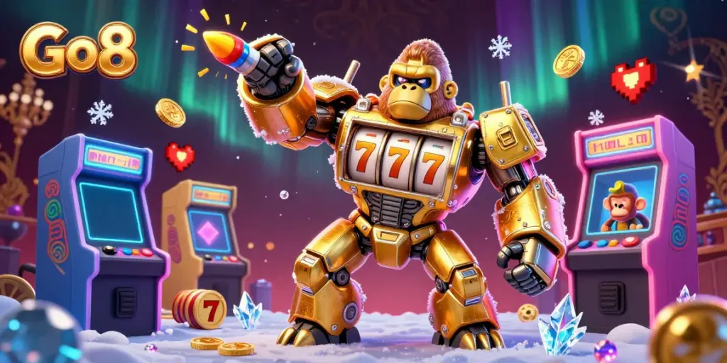 Go8 slot machine-themed gorilla mech illustration showcasing slot reels and jackpot features