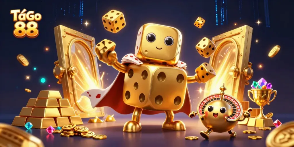 Engage in excitement and fun with Tải Go 88 featuring a dynamic 3D illustration of a dice golem and casino elements.
