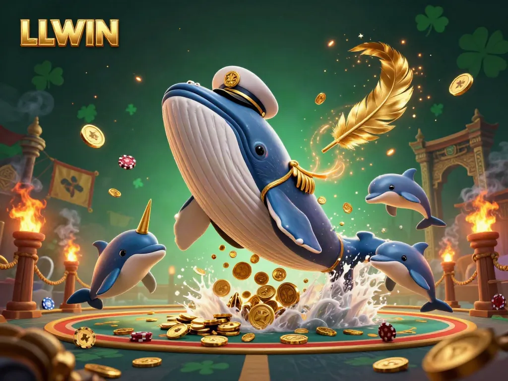 Engage in thrilling gameplay with LLWIN at a vibrant casino scene featuring a playful whale and friends.