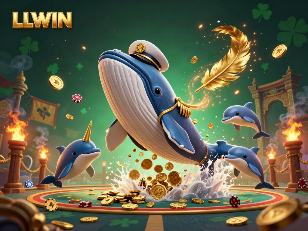 Engage in thrilling gameplay with LLWIN at a vibrant casino scene featuring a playful whale and friends.
