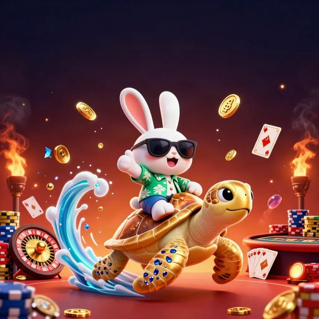 Rabbit rides a golden turtle amid casino coins, cards, roulette wheel, gems, and emerald glow.