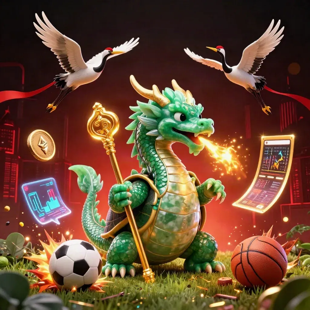 Emerald dragon, turtle sage, cranes, coins, balls and neon casino effects explode in a dark arena.