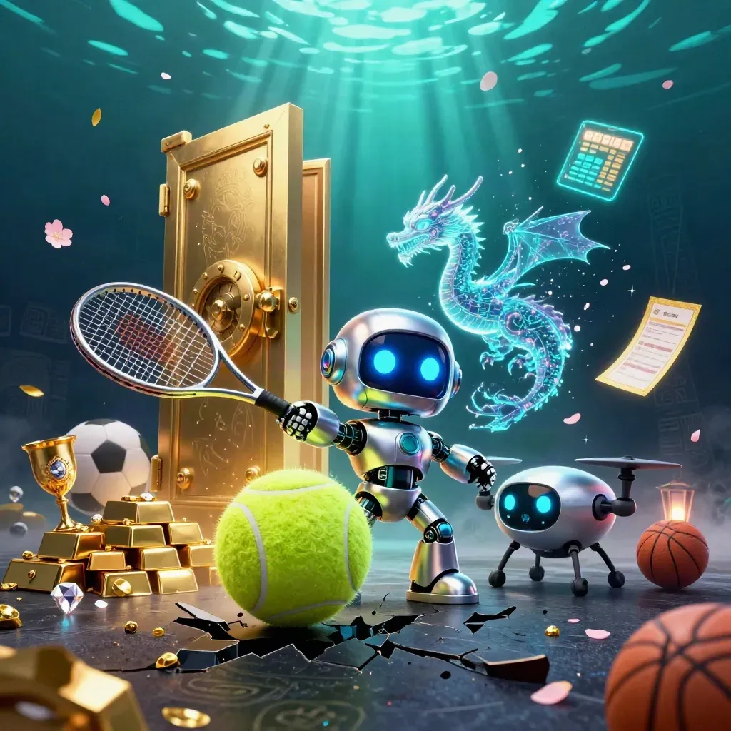 Cyberpunk robot, dragon and drone amid vault glow, tennis ball, gold and underwater light.