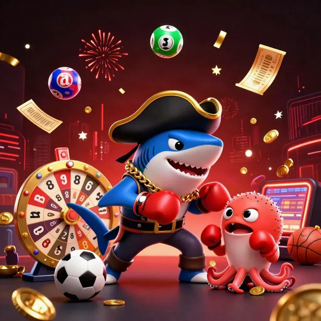 Pirate shark, pufferfish boxer and coin-juggling octopus amid casino sports effects and flying balls.