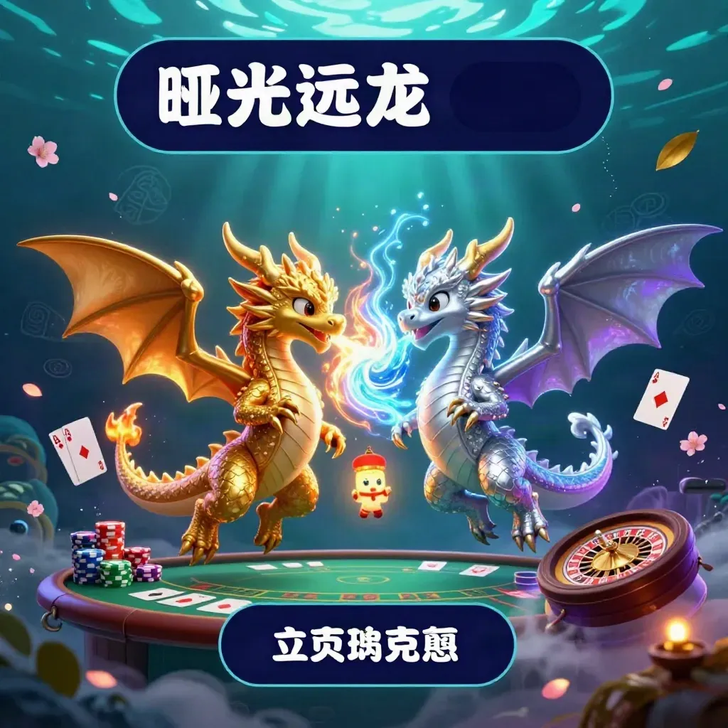 Gold and silver dragons spiral amid casino cards, chips, and glowing underwater light