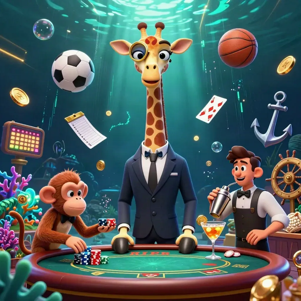 Cartoon giraffe, monkey valet, and chameleon bartender amid underwater casino sports chaos.