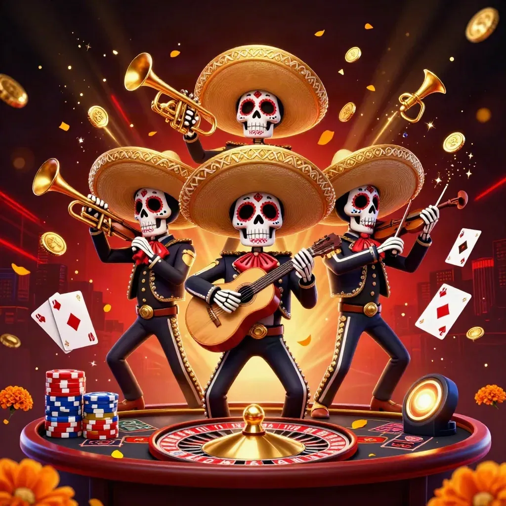 Skeleton mariachi trio amid casino coins, cards, roulette wheel, and glowing skyline.