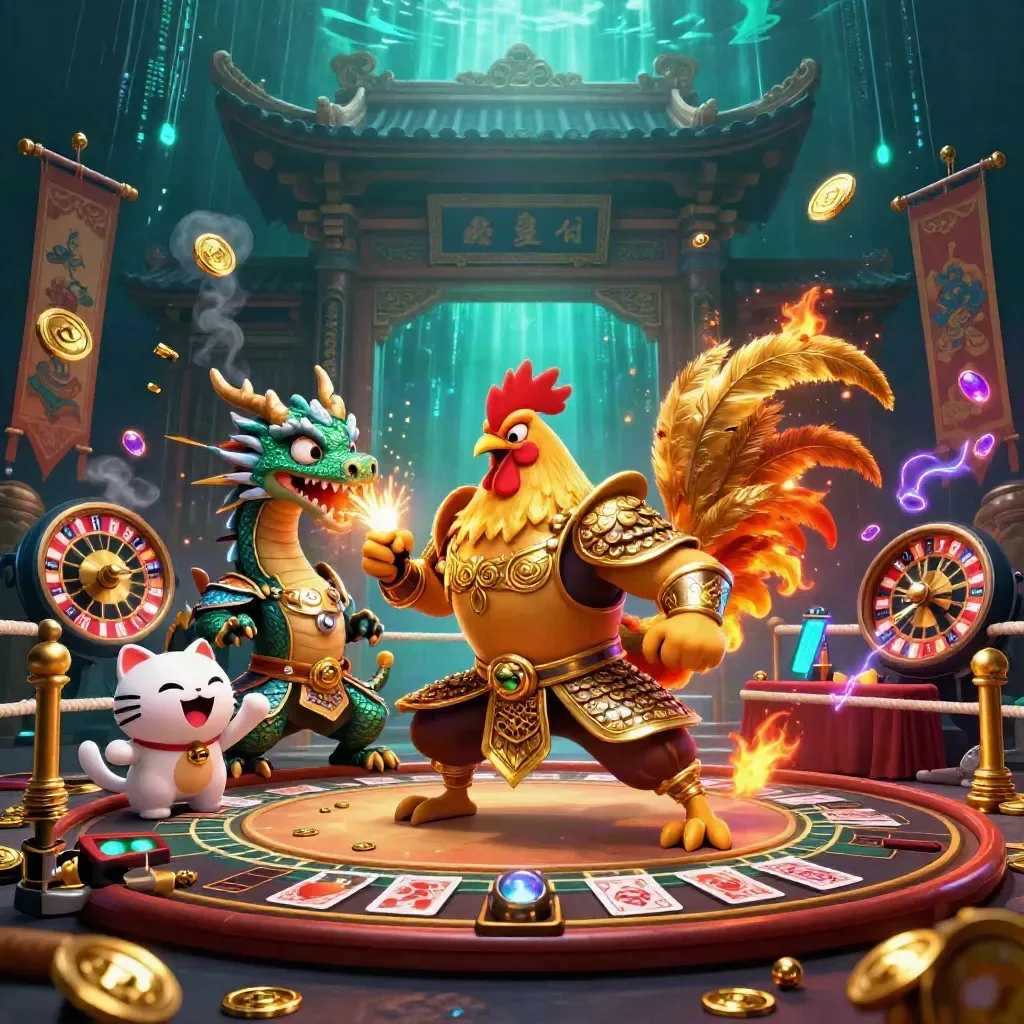 Rooster samurai, dragon hatchling, and fortune cat in a glowing casino temple