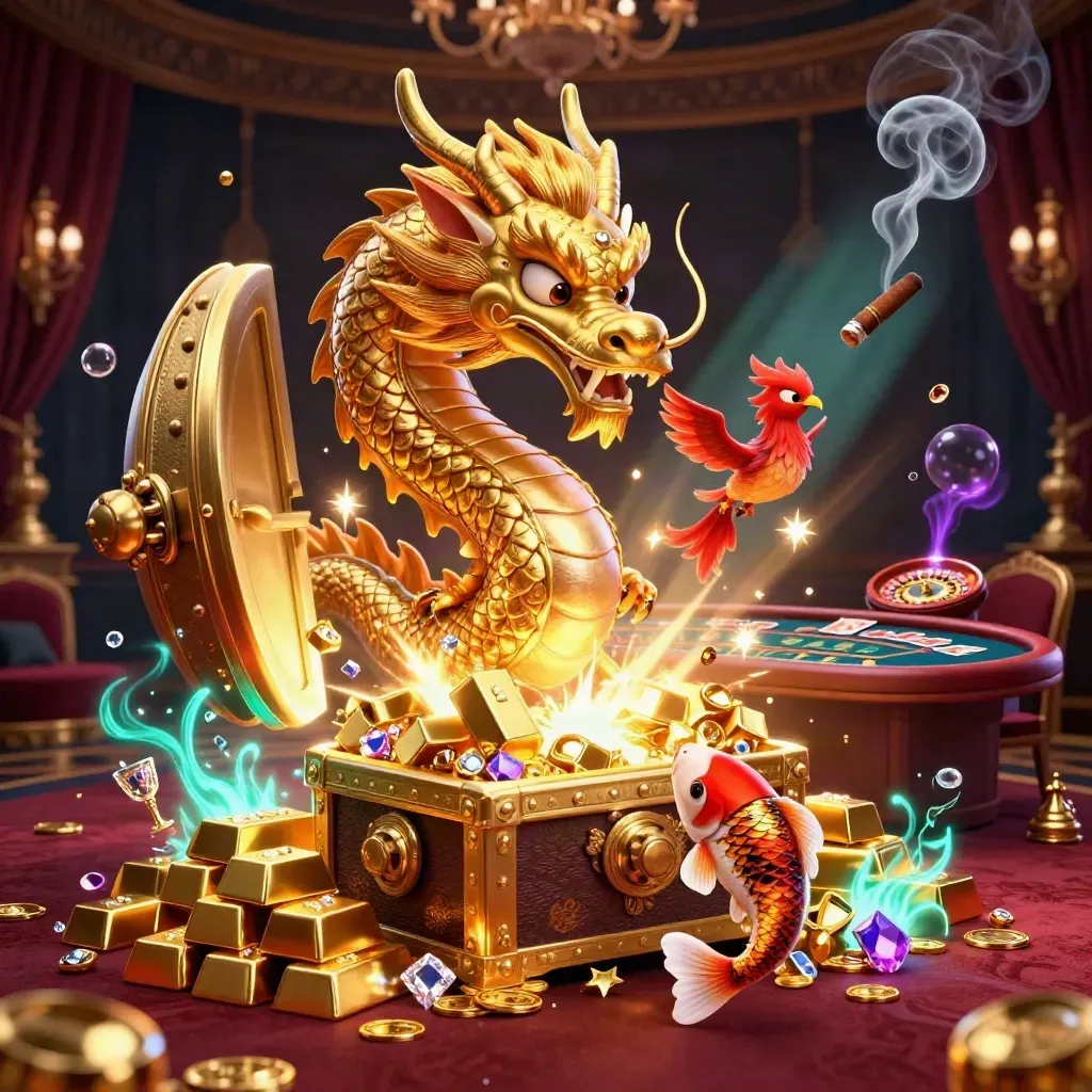 Golden dragon, phoenix, koi, vault light, casino table, and jewel glow in a dark luxe room.