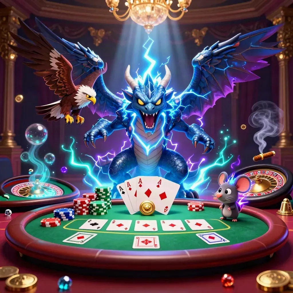 Thunder dragon, hawk, and mouse amid casino cards, chips, and a spinning roulette wheel.