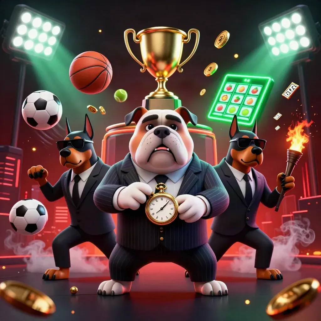 Bulldog casino boss with two Dobermans amid sports balls, coins, trophy and emerald glow.