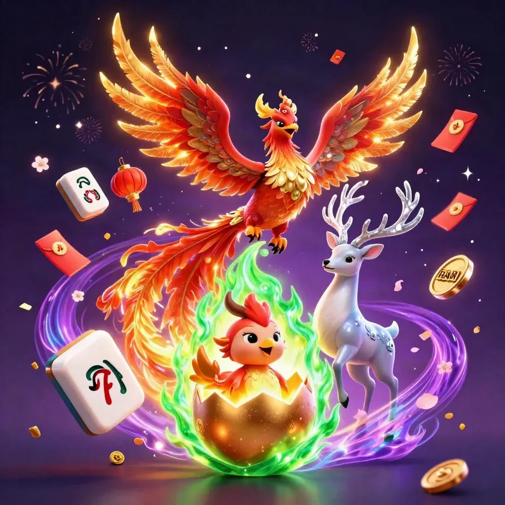 Phoenix, hatchling, and crystal stag amid casino gems, lanterns, coins, and emerald magic.