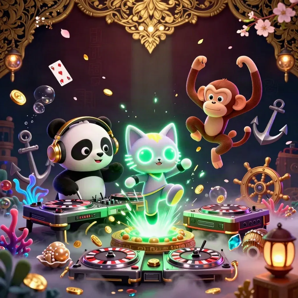 DJ panda, breakdancing monkey, and rave kitten in a treasure cove with emerald casino glow.