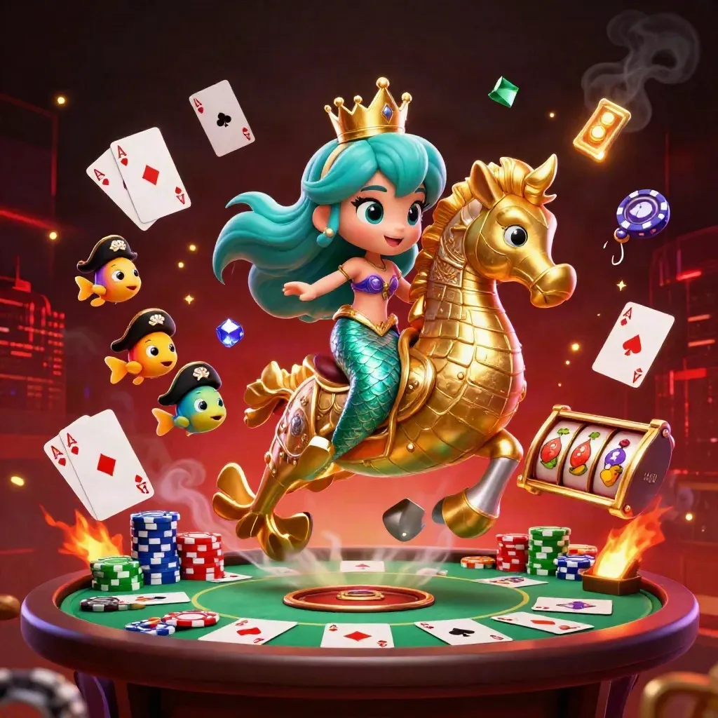 Mermaid princess on armored seahorse with pirate fish, poker chips and casino glow