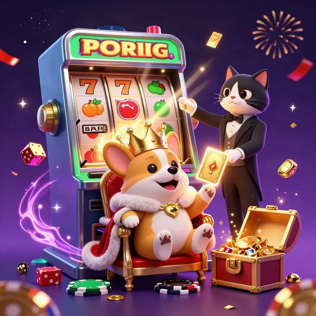 Royal corgi and cat butler amid exploding slot machine, gold, dice, and starry casino magic.