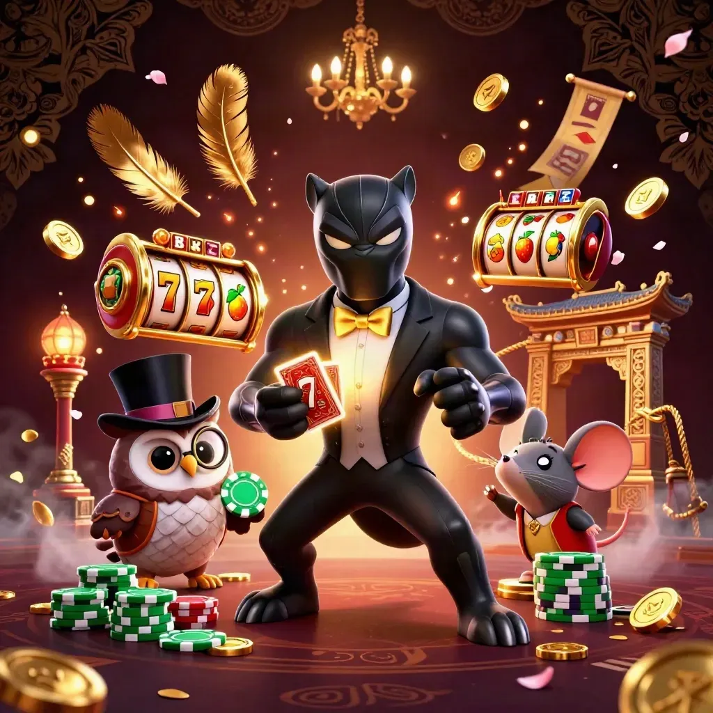 Panther, owl and mouse amid emerald casino magic, coins, temple gate, and glowing runes.