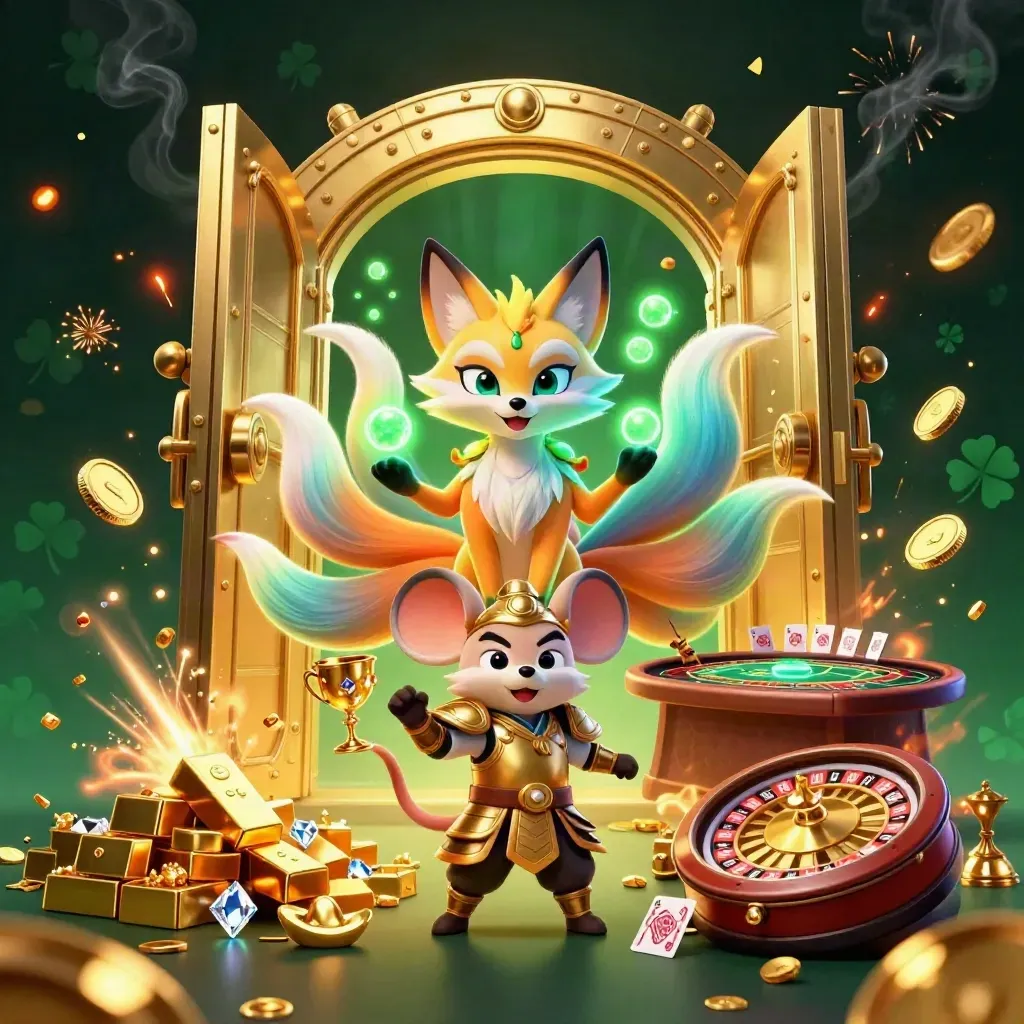 Neon fox spirit and golden mouse amid vault blast, coins, gems, and casino glow