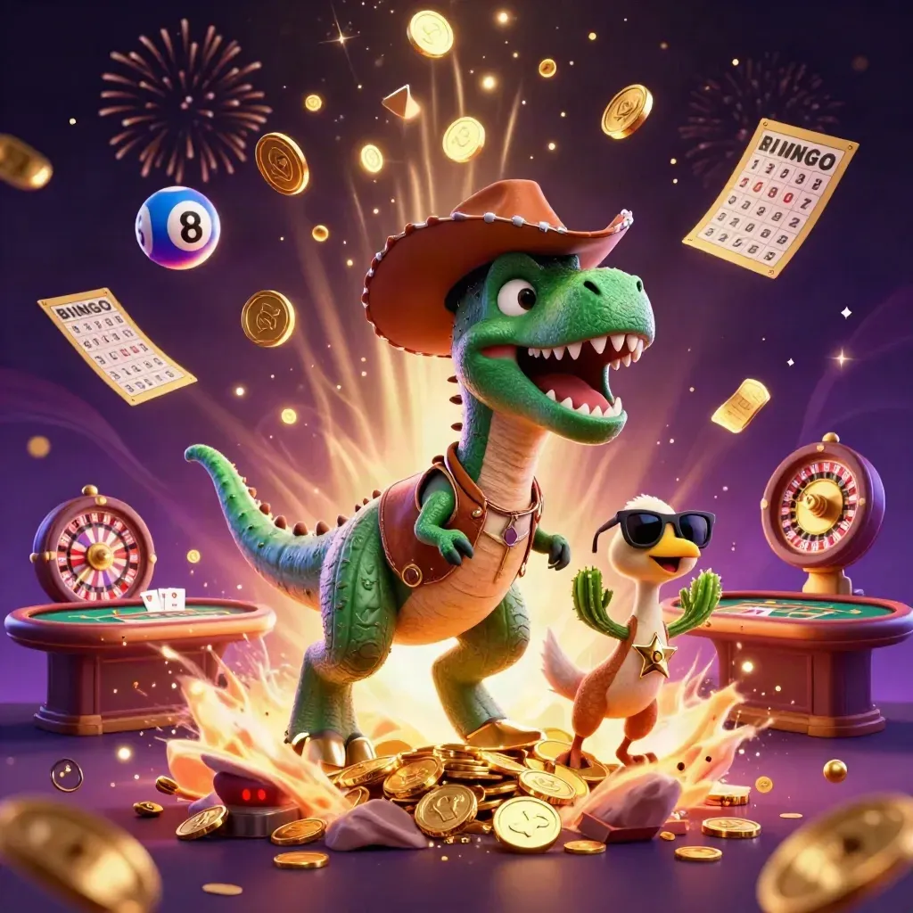 Cowboy T-rex, cactus sidekick, and sheriff roadrunner amid casino coins, wheels, and fireworks.
