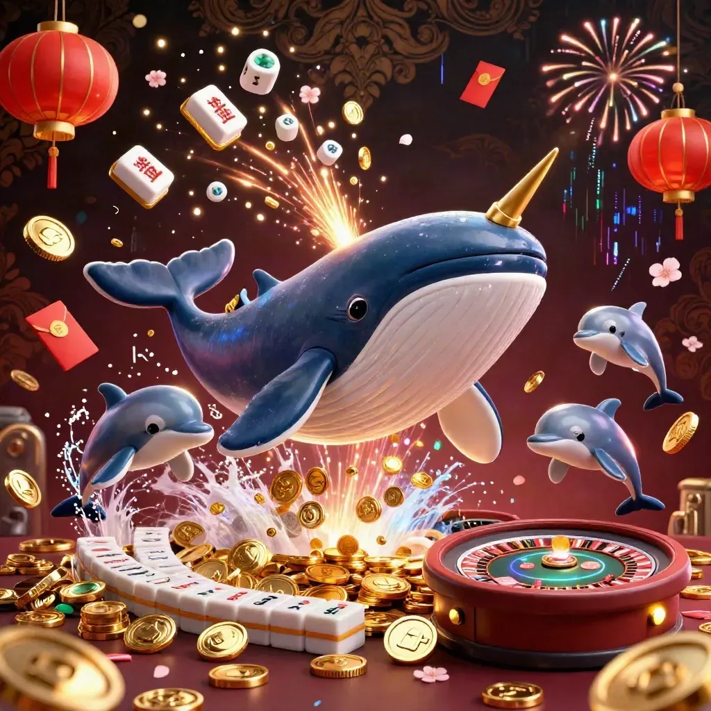 Whale captain, narwhal, and dolphins amid coins, lanterns, fireworks, and casino lights